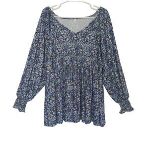 Floral Print Long Sleeve Blouse With Elastic Cuffs & Flowy Hemline, size 2XL